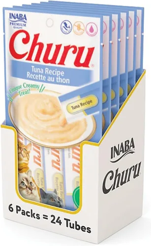 INABA Churu - Golosinas para gatos, sin granos, lamibles, puré cremoso exprimible para gatos con vitamina E y taurina, 0.5 onzas en cada tubo, 24