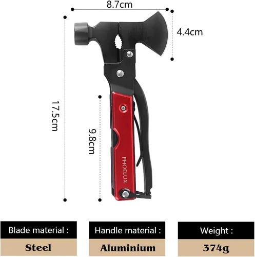 Miniatura 2 de Martillo de hacha multiherramienta 16 en 1 para acampar (rojo) con cuchillo, alicates, sierra, desincrustador de peces, destornillador, abrelatas