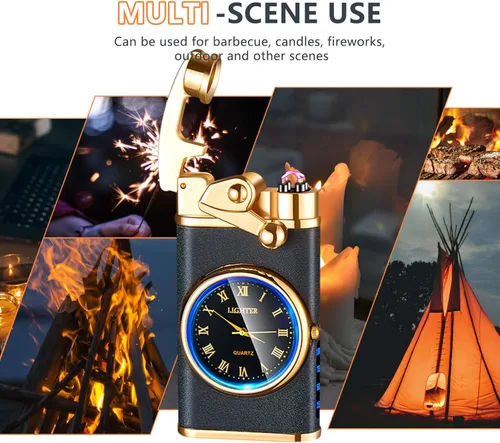 Miniatura 7 de SKRFIRE Encendedor eléctrico de arco eléctrico de plasma, encendedores a prueba de viento, encendedor de metal, luminoso, esfera de reloj real