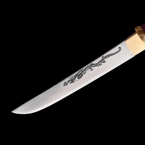 Miniatura 5 de Cuchillo de acero al manganeso 1065 hecho a mano con accesorios de cobre Rojo