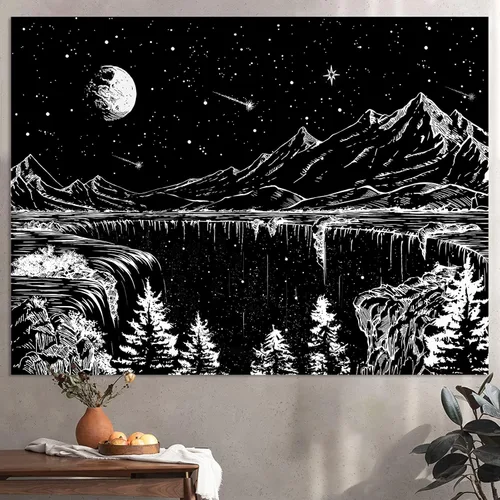 Miniatura 3 de Zussun Tapiz blanco y negro con noche estrellada, tapices de montaña para dormitorio, estética de luna y estrellas, tapiz para colgar en la pared