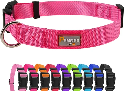 Miniatura 12 de Collar de perro rosa básico ajustable para cachorros, perros pequeños, medianos y grandes, con collar de nailon transpirable de liberación rápida