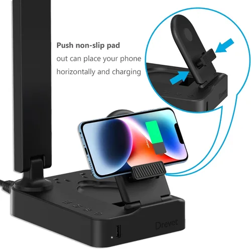 Miniatura 6 de Drevet Lámpara de escritorio LED con cargador inalámbrico, luz de mesa de escritorio con puerto de carga USB y 2 tomas de corriente, 3 modos