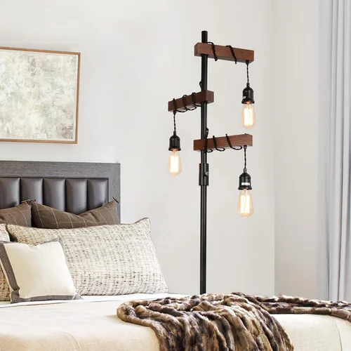 Miniatura 6 de Lámpara de pie industrial regulable, lámpara de pie de árbol de granja, lámpara de pie de madera de 68 pulgadas, 3 luces, base resistente, luz