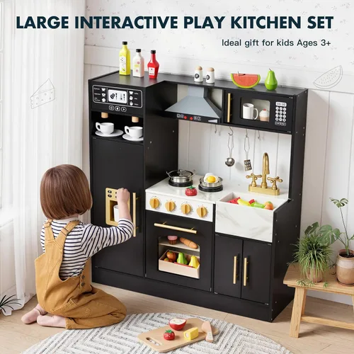 Miniatura 8 de Cocina de Juego para Niños, Juego de Cocina de Madera con Accesorios Realistas, Cocina de Lujo para Niños Pequeños, Campana Extractora
