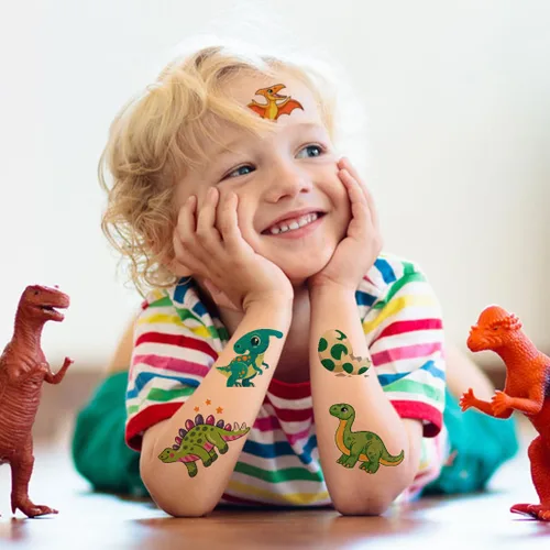 Miniatura 4 de CHARLENT 110 estilos de tatuajes temporales de dinosaurios con purpurina para niños, 14 hojas de tatuajes de dinosaurios con purpurina para niños