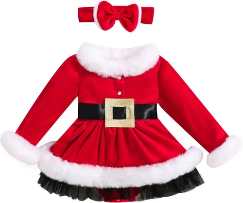 WASAIGOOD Mameluco de Navidad para bebé niña, vestido de manga larga con ribete de piel, traje de terciopelo para Navidad, enterizo de invierno