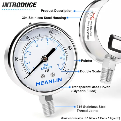Miniatura 4 de MEANLIN MEASURE Medidor de presión de acero inoxidable relleno de líquido de 0 ~ 100 psi con junta de acero inoxidable 316, esfera de cara NPT