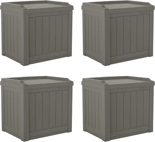 Suncast Caja de almacenamiento pequeña de 22 galones para patio trasero o exterior, con atractivo asiento de banco y tapa reforzada, color piedra