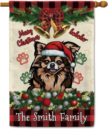 Miniatura 23 de Bandera de jardín de Navidad de 12.5 x 18 pulgadas, anillo de bola de Navidad para perro chihuahua, campana, corona, bandera de búfalo rojo, a