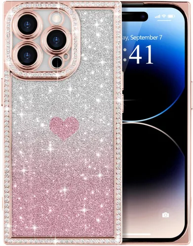 Miniatura 54 de Funda para iPhone 13, funda de diamantes de imitación de lujo con patrón de corazón de amor de cristal [papel con purpurina extraíble], parachoques
