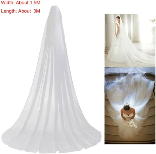 Miniatura 7 de TENDYCOCO Velo largo de boda de una sola capa suave tul catedral capilla piso velos con peine, Blanco