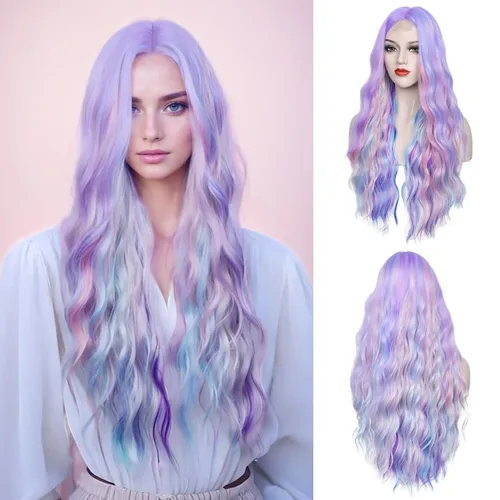 Miniatura 25 de Peluca azul larga natural ondulada sintética de fibra resistente al calor, peluca azul con ondas de agua para Halloween, cosplay, fiesta diaria Azul