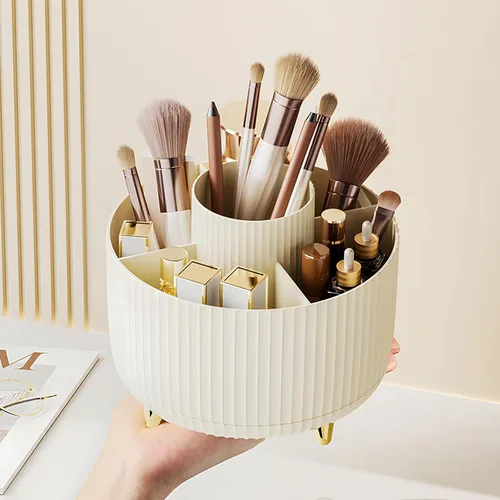 Miniatura 17 de Organizador para brochas de maquillaje, organizador de brochas de maquillaje giratorio 360°, taza con 5 ranuras para brochas de maquillaje