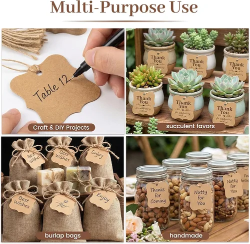 Miniatura 2 de SallyFashion 150 unidades de etiquetas de regalo marrones «gracias» con cuerda, etiquetas de papel de 2 x 3 pulgadas para regalos de fiesta, bodas