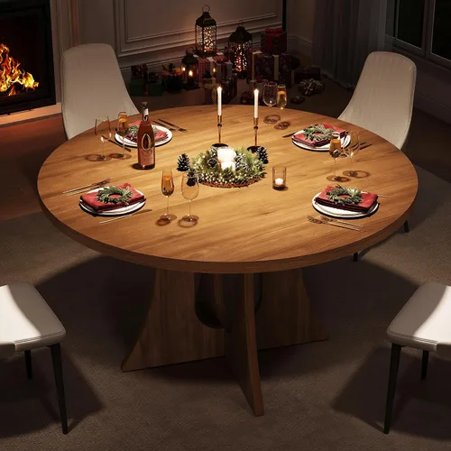 Miniatura 10 de Mesa de comedor redonda para 4, mesa de comedor de madera, mesa de cocina circular para el hogar, comedor, cocina, sala de estar (marrón nogal)