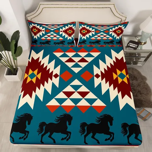 Miniatura 44 de Juego de ropa de cama de estilo bohemio occidental, tamaño individual, diseño de vaca atrapasueños, sábana bajera ajustable del suroeste, tribu
