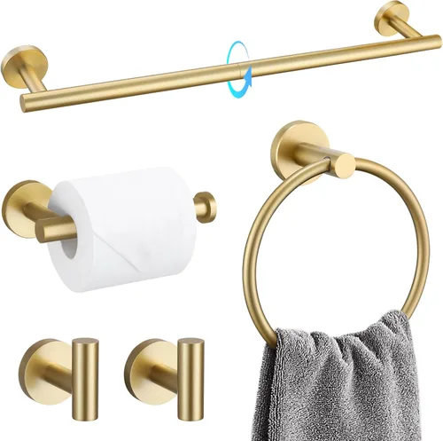 TQKAG Juego de accesorios de baño de 5 piezas, juego de accesorios de baño de oro cepillado de 23.6 pulgadas, juego de toallero de acero inoxidable