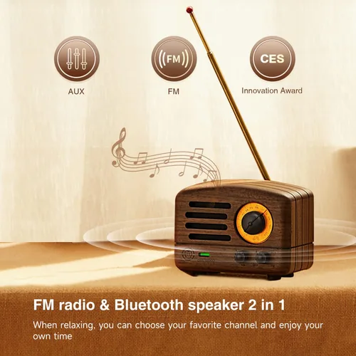 Miniatura 5 de Muzen Altavoz Bluetooth portátil, OTR Madera Vintage Pequeño Altavoz Inalámbrico, Radio FM con Antena AUX, 10h+ Tiempo de reproducción largo, Audio