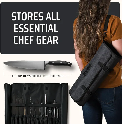 Miniatura 4 de Asaya Bolsa enrollable para cuchillos de chef, 20 bolsillos en total para cuchillos y utensilios de cocina, fabricada con nailon encerado resistente
