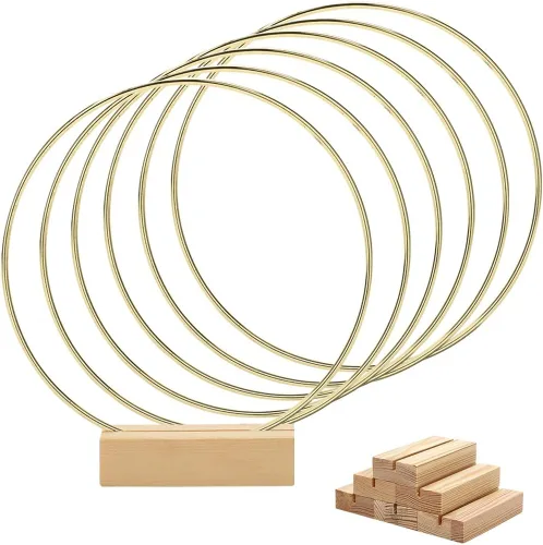 Worown Paquete de 6 centros de mesa de aro floral de metal de 8 pulgadas con 6 soportes de madera para mesa, anillos de metal dorados para hacer