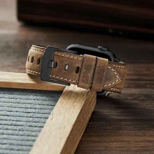 Miniatura 4 de Genuine Leather Watch Band Compatible with Apple Watch,Italian Cowhide,Retro Style,Black Buckle,Golden Brown and Chestnut Brown,38/40/41mm and