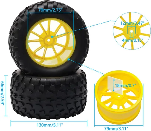 Miniatura 2 de 4PCS RC Rubber Tire 0.472 in Hex RC Ruedas y Neumáticos Escala 1/10 Coche Monster Truck Neumáticos Gravel Tread w/5 Radios Rueda Rim Amarillo RC