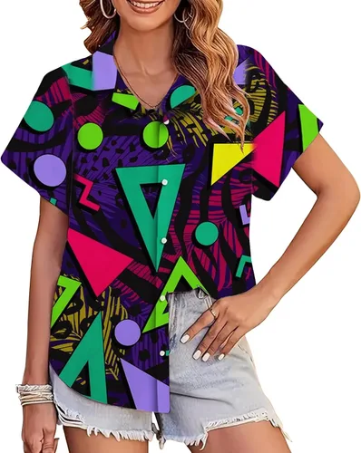 Trajes de los años 80 y 90 para mujer, camiseta temática de fiesta de los años 80, camisas hawaianas con botones de los años 90, camisetas retro de