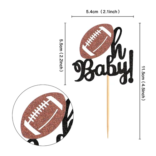 Miniatura 2 de Ercadio Paquete de 24 adornos para cupcakes de fútbol americano Oh Baby - Púas de rugby con purpurina negra para temática deportiva, baby shower