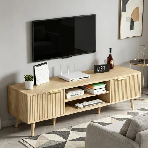 SHGJ&SOFT Soporte de TV para 60/65 pulgadas, centro de entretenimiento bohemio moderno de mediados de siglo con 2 gabinetes y estantes abiertos, De