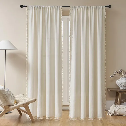Miniatura 26 de Joydeco Cortinas Bohemias Beige de 63 Pulgadas de Largo 2 Paneles, Cortinas de Granja Bohemias Súper Suaves con Borlas, Cortinas Semitransparentes