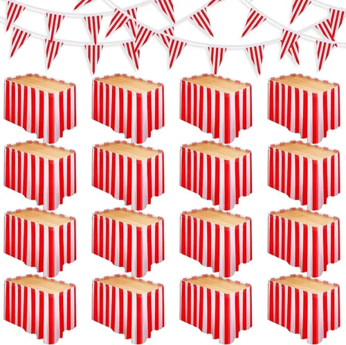 Miniatura 8 de Tegeme Paquete de 15 faldas de mesa de carnaval a rayas rojas y blancas, 165 x 30 pulgadas, manteles desechables de carnaval con banderines a rayas