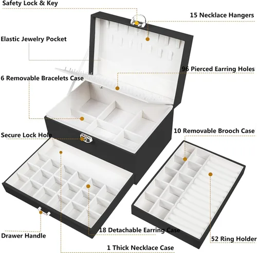 Miniatura 194 de Joyero de pendientes para mujeres y niñas, organizador de aretes de 5 capas, caja organizadora de joyas blanca con candado, collares y aretes