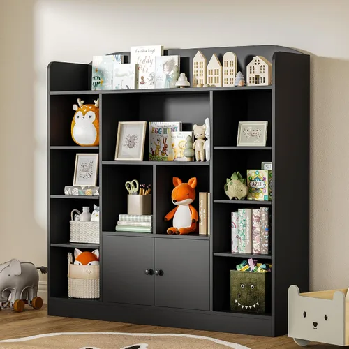 Miniatura 8 de DIYART Estantería negra para niños, estantería para niños con 7 cubos y 2 gabinetes, estantes independientes de almacenamiento para dormitorio, sala