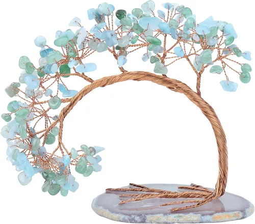 Miniatura 15 de Nupuyai Árbol de dinero de cristal curativo de alambre de cobre de 3-4 pulgadas para la buena suerte, base de rodajas de ágata bonsái, decoración