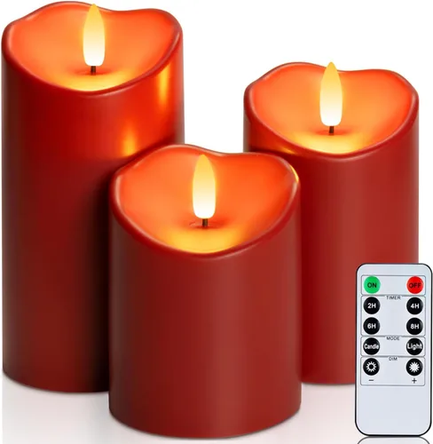 Homemory Velas sin llama color burdeos, velas parpadeantes impermeables sin llama, velas LED de pilar para exteriores operadas por batería con