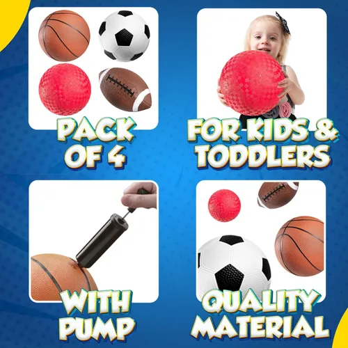 Miniatura 5 de Pelotas deportivas de 8.5 pulgadas para niños y niños pequeños, paquete de 4 pelotas inflables de goma multideporte, fútbol, baloncesto, pelota