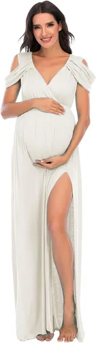Miniatura 3 de ZIUMUDY Vestido de maternidad con hombros descubiertos y cuello en V envuelto para sesión de fotos, vestido largo para baby shower