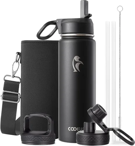 Miniatura 26 de Coolflask Botella de agua de 20 onzas aislada con pajilla, 3 tapas de metal de acero inoxidable, botella de agua de boca ancha para deportes u