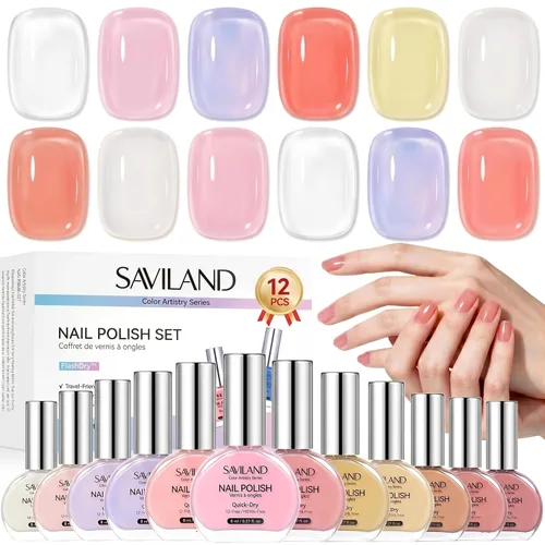 SAVILAND Juego de esmaltes de uñas de gelatina: 12 colores naturales desnudos rosa esmalte blanco puro de uñas de secado rápido esmalte de uñas de