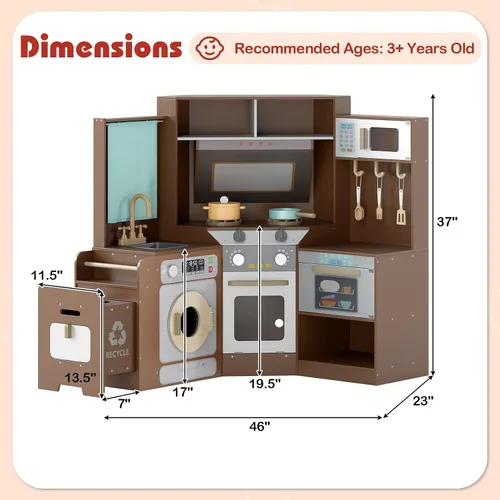 Miniatura 9 de Cocina esquinera de madera con luces y sonido, electrodomésticos completos y accesorios completos, juego de cocina para salas