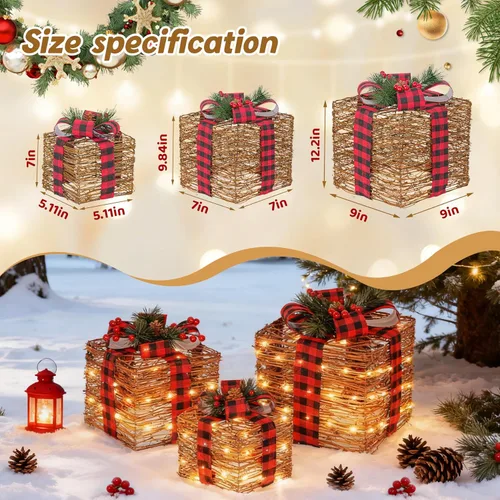 Miniatura 2 de LAWOHO - Juego de tres cajas de regalo de iluminación navideña de tres piezas de 31 cm, cajas de regalo LED operadas por batería y USB con imitación