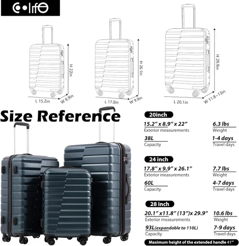 Miniatura 7 de COOLIFE Maleta extensible para equipaje PC ABS TSA Lock Spinner Llevar en juegos de 3 piezas, Azul, moldeado