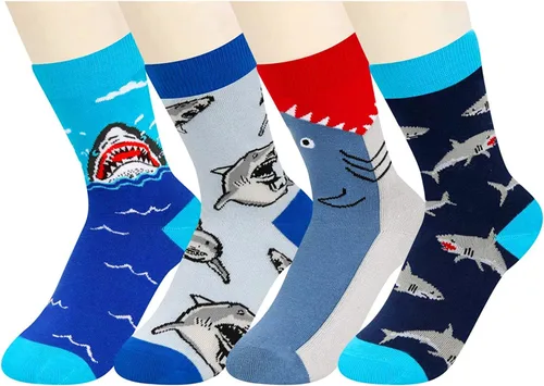 Miniatura 2 de HAPPYPOP Calcetines a la pantorrilla para niños, diseño de tiburón loco, diseño espacial, deportes, animales, comida