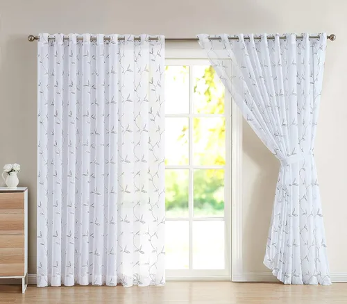 Miniatura 6 de Cortinas LinenZone de piso a techo para ventanas extra anchas. Cortinas transparentes blancas para divisores de habitación con bordado de hojas rosa