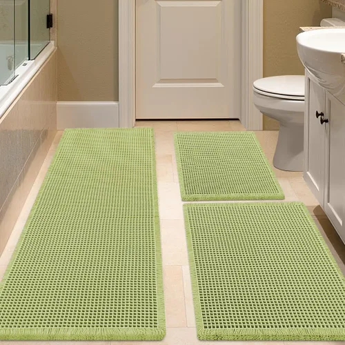 Miniatura 77 de IM HOME Tapete de baño de punto gofre, color caqui, de 24 x 17 pulgadas, tejido bohemio, moderno, absorbente, antideslizante, suave, lavable