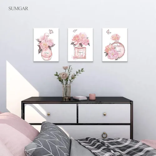Miniatura 3 de SUMGAR Arte de pared rosa para dormitorio de niñas, decoración de pared de perfume de moda, flores, mariposas, cuadros de lienzo con marco gris