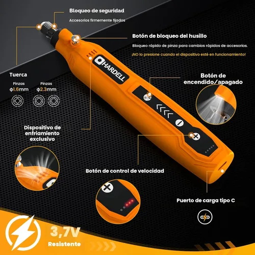 Miniatura 2 de HARDELL - Kit de herramienta rotatoria inalámbrica multiusos mini con 5 velocidades, carga USB y 69 accesorios, 3.7 V para lijar, pulir, perforar