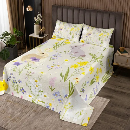 Miniatura 6 de Erosebridal Juego de colcha de conejo blanco, diseño de flores de tulipán amarillo, diseño rústico de mariposas, juego de edredón acolchado de Multi