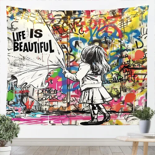 Miniatura 4 de Homewish Tapiz de música de piano, notas musicales, arte para colgar en la pared, para niños, niñas, niños, adolescentes, grafiti retro, color gris